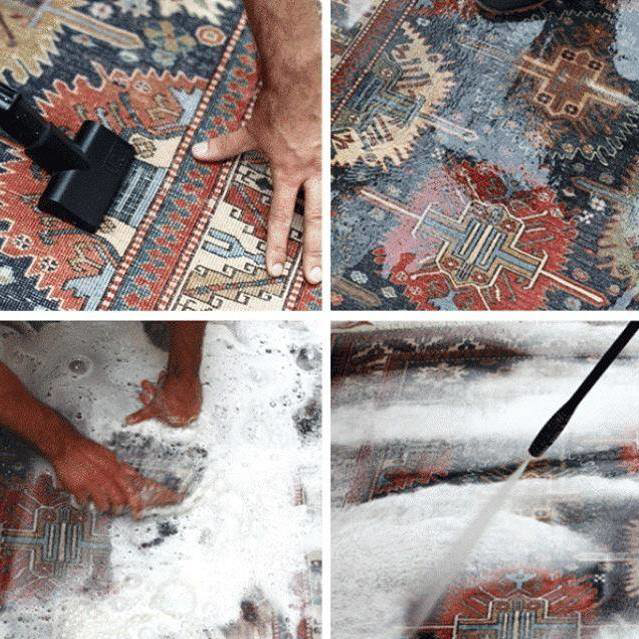 A four-panel collage illustrating the professional oriental rug cleaning process at Demanes Oriental Rugs in Peoria, IL