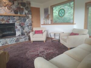 An elegant oriental rug enhancing a cozy living room with a stone fireplace, installed by Borokhim's Oriental Rugs in Madison, WI.