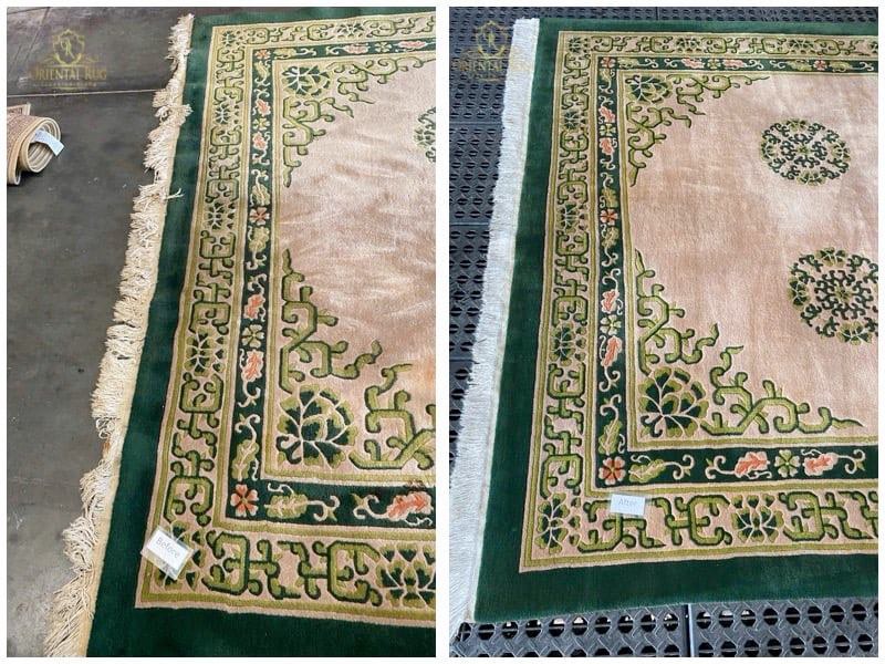 Before and after comparison of an oriental rug with a green border cleaned by Oriental Rug Cleaning Plant Jacksonville, FL