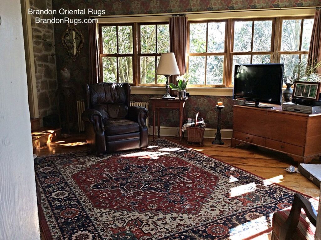 A richly patterned oriental rug anchoring a living room with a dark leather armchair and large windows, by Brandon Oriental Rugs, Furlong, PA.
