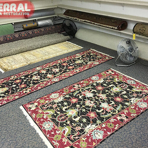 Several oriental rugs laid out for drying after cleaning by Referral Cleaning and Restoration Inc. in Fort Wayne, IN.