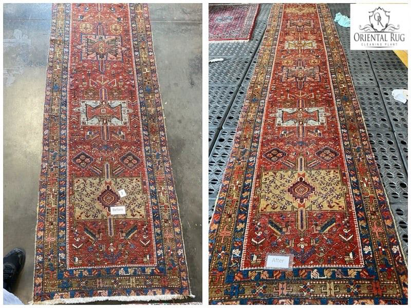 Before and after comparison of a long oriental runner rug cleaning by Oriental Rug Cleaning Plant Jacksonville, FL