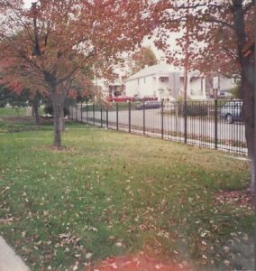 An ornamental black metal fence installed along a residential sidewalk by James Fencing LLC in Columbia, MO.