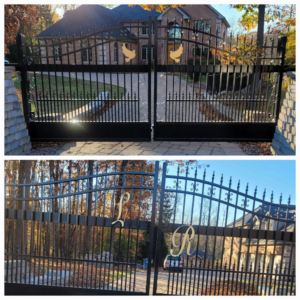 Two ornate black metal driveway gates with custom designs, expertly installed by ALL STAR FENCE in Chicago, IL.