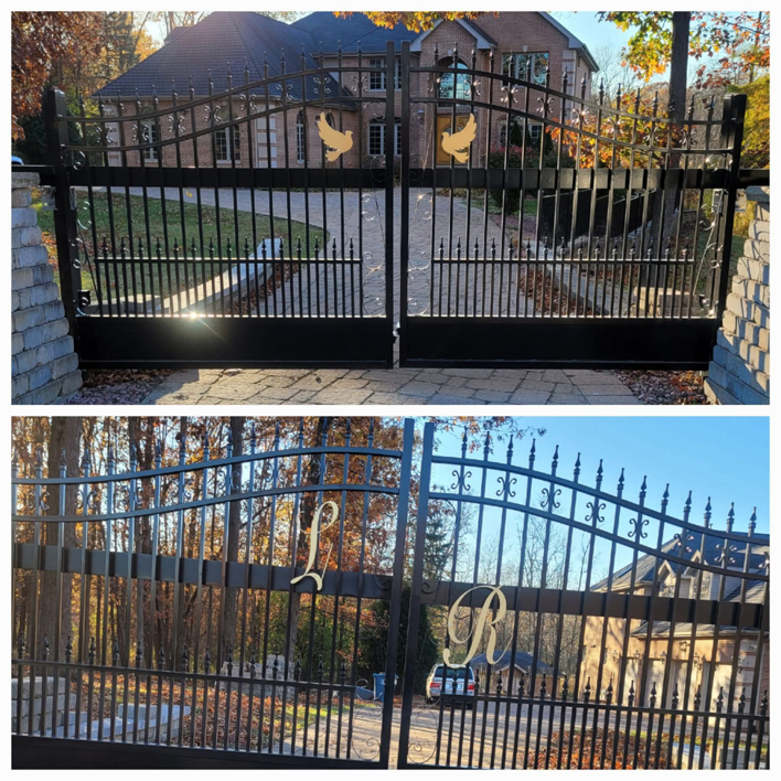 Two ornate black metal driveway gates with custom designs, expertly installed by ALL STAR FENCE in Chicago, IL.