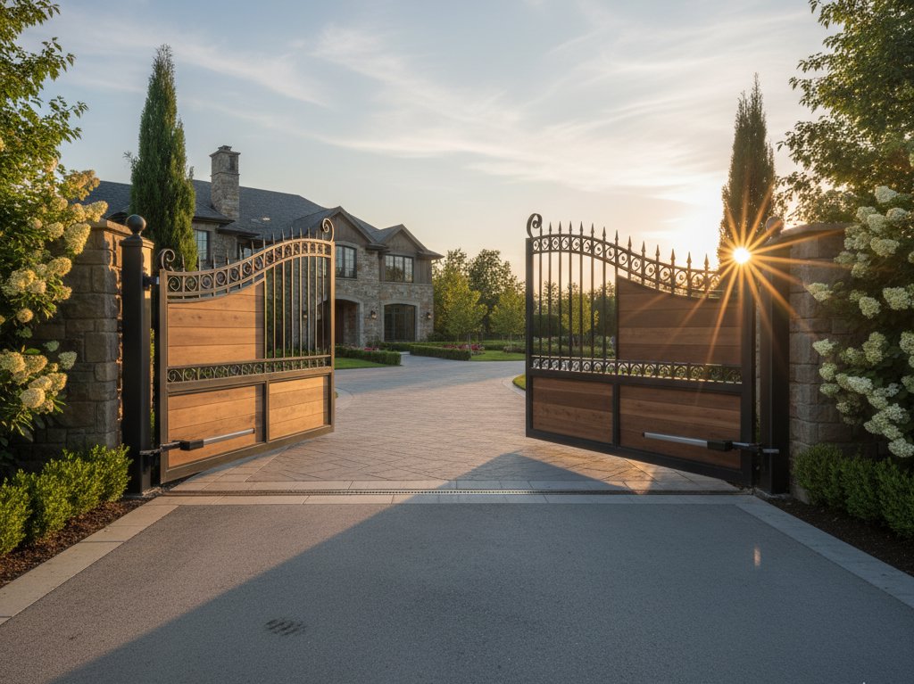 Ornate metal and wood double driveway gates at a grand estate entrance by Horizon Fence & Custom Gates, Inc. in Orangevale, CA.
