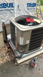 An outdoor AC condenser unit with copper lines being installed by Express Home Services LLC in Las Vegas, NV