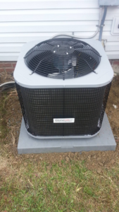 A newly installed outdoor AC condenser unit by Air Vent Master, an HVAC contractor in Charlotte, NC.