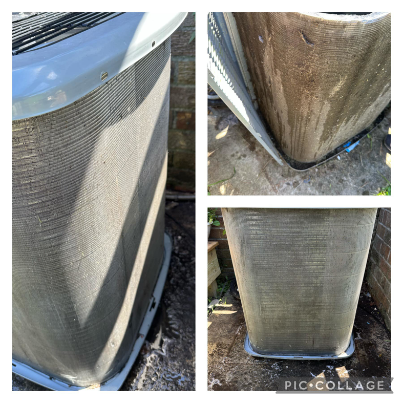 A collage showing the before and after cleaning of an outdoor AC condenser unit by Murray's General Services in Goose Creek, SC.
