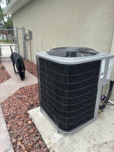 A newly installed outdoor AC condenser unit by Back Bay Heating and Cooling in Cape Coral, FL