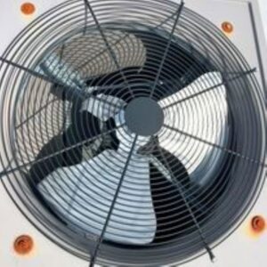 A close-up view of an outdoor air conditioning or heat pump fan unit, part of HVAC services by Advanced Comfort LLC in Concord, NH.