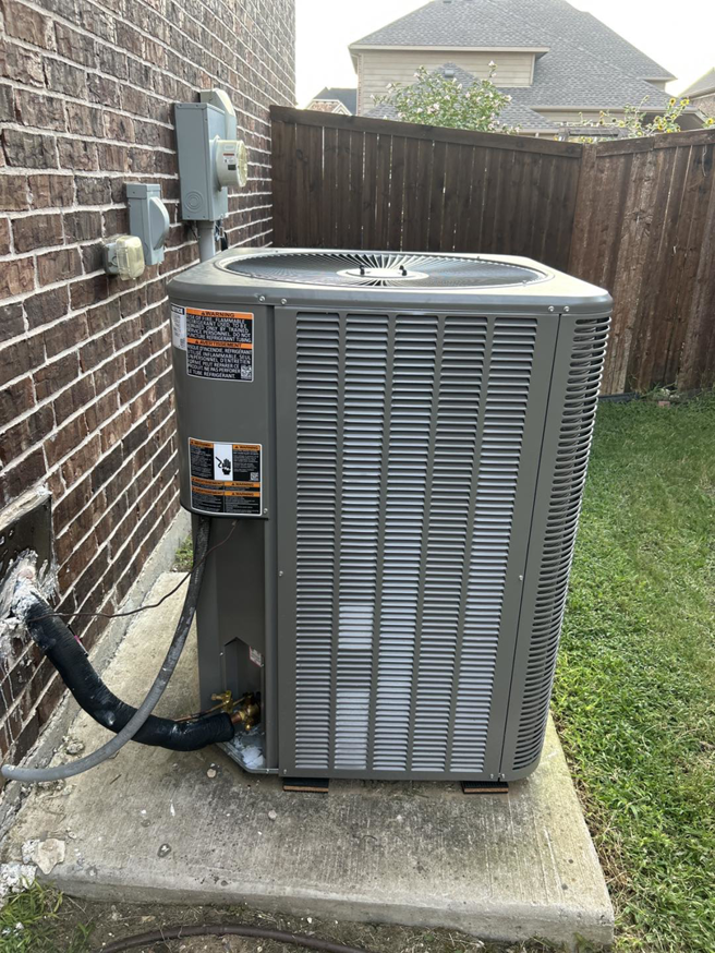 An outdoor AC unit showing electrical and refrigerant line connections installed by Sonnyreena Mechanical LLC in Garland, TX