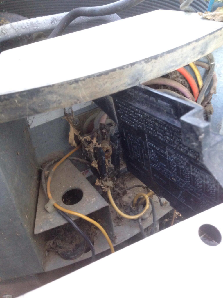 Close-up of electrical wiring and components inside an outdoor AC unit being serviced by Cool Fish Refrigeration, Heating, and Air in Minot, ND.