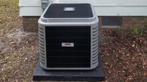 An outdoor air conditioning unit of the HSP brand installed by Turner & Son's Heating and Air in Anderson, IN