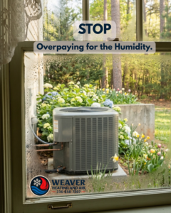 An outdoor AC unit visible through a window with condensation, highlighting humidity control services by Weaver Heating & Air in Greensboro, NC.
