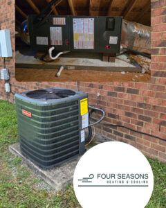 An outdoor Goodman AC unit and an indoor air handler, representing HVAC service by Four Seasons HVAC in Murfreesboro, TN.