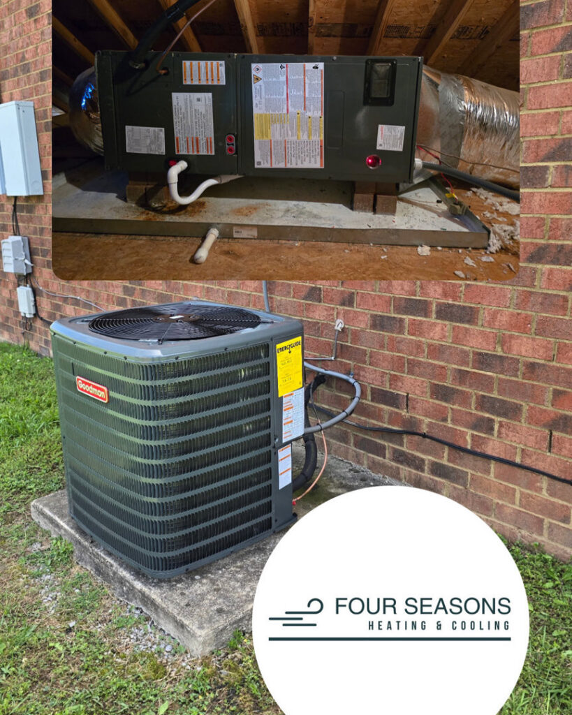 An outdoor Goodman AC unit and an indoor air handler, representing HVAC service by Four Seasons HVAC in Murfreesboro, TN.