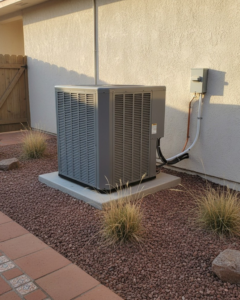 An outdoor air conditioning unit installed next to a building by All In One Service Pros in Albuquerque, NM.