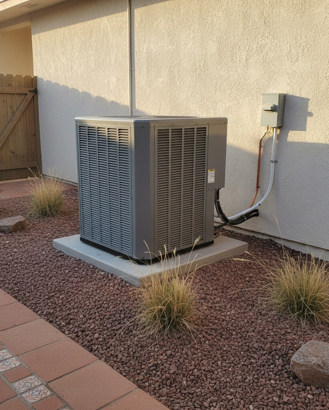 An outdoor air conditioning unit installed next to a building by All In One Service Pros in Albuquerque, NM.