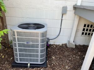 A newly installed outdoor AC unit (condenser) next to a residential building by MB Heating and Air in Northridge, CA.