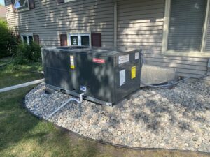 A newly installed Goodman outdoor air conditioning unit by True Comfort Heating and Cooling in Sherwood, AR.