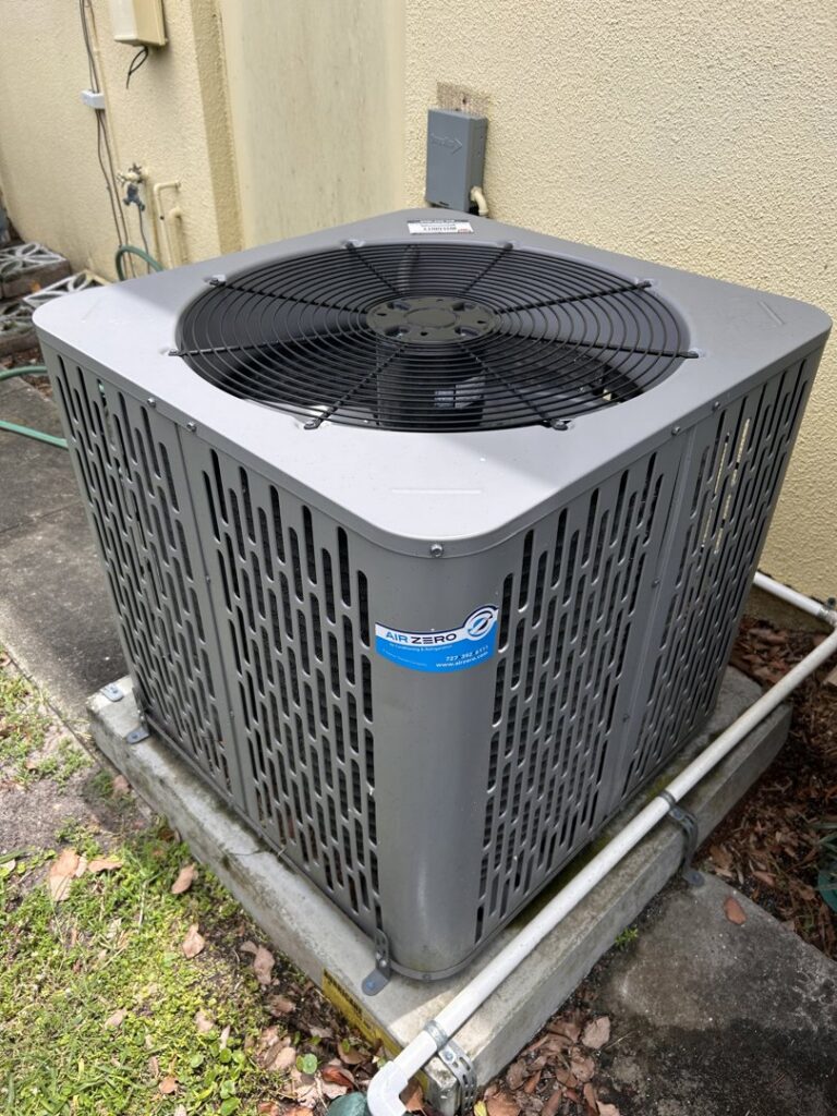 A newly installed or serviced outdoor AC unit with an Air Zero sticker in Largo, FL