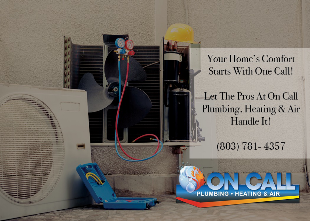 An outdoor AC unit with refrigerant gauges connected, indicating service by On Call Plumbing, Heating & Air in Columbia, SC