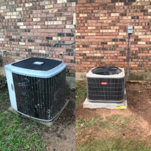 An old outdoor AC unit next to a newly installed Bryant unit by Frye Air Services in Mobile, AL