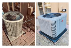 Before and after of an outdoor AC unit replacement by Ideal Heating & Air Conditioning in Omaha, NE.