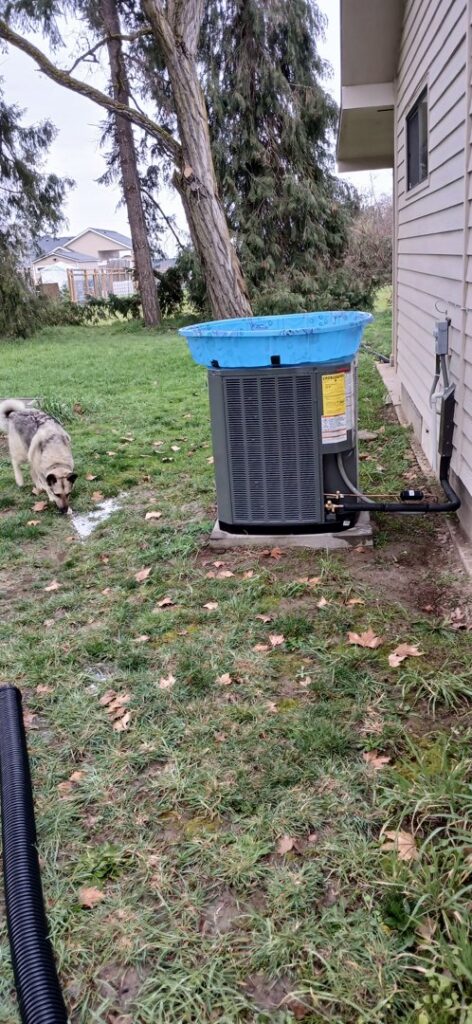 An outdoor air conditioning unit with a protective blue cover, installed by Southern Oregon Heating & Air Conditioning in Medford, OR