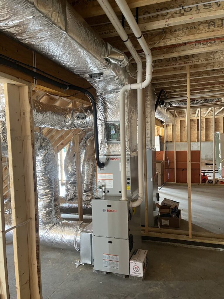 An outdoor Bosch air conditioning unit installed on a stone foundation by Dane HVAC in Willowbrook, IL.