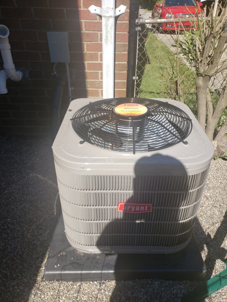 An outdoor Bryant air conditioning unit installation by Proficient Heating & Cooling in Livonia, MI.