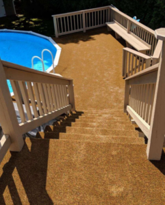 Outdoor carpet installation on a pool deck and stairs by Metro Floor Covering Inc. in Livonia, MI