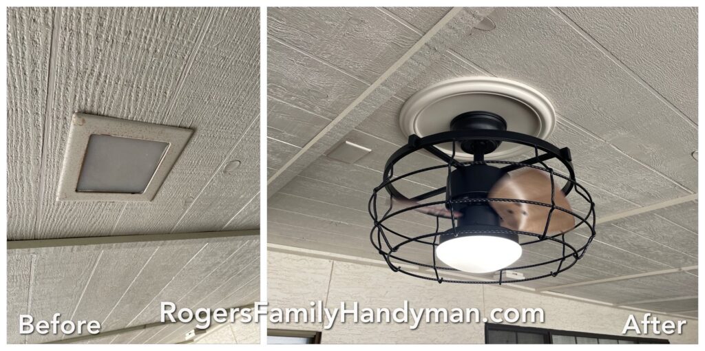 Before and after of an outdoor ceiling fan and light fixture installation by Rogers Family Handyman in Chandler, AZ