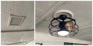 Before and after of an outdoor ceiling fan and light fixture installation by Rogers Family Handyman in Chandler, AZ