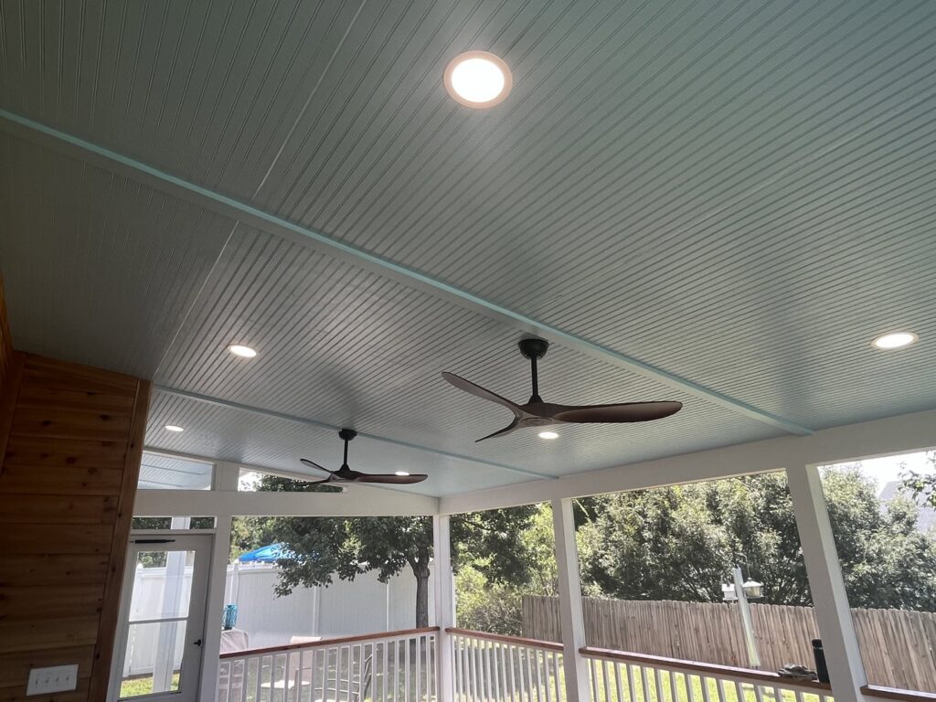 Outdoor ceiling fans and recessed lights installed on a porch by Oak Electric LLC in Waterford, MI.