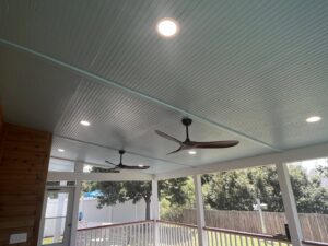 Outdoor ceiling fans and recessed lights installed on a porch by Oak Electric LLC in Waterford, MI.
