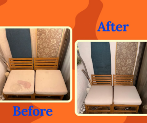 Before and after comparison of outdoor furniture cushions cleaned by Purli in San Diego, CA.
