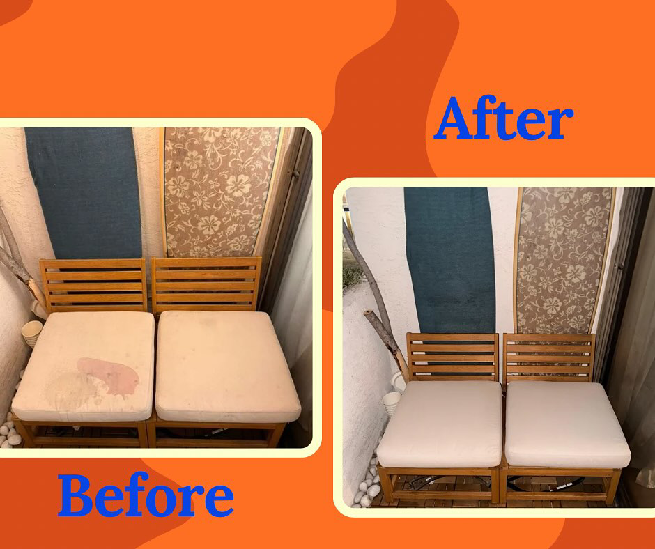 Before and after comparison of outdoor furniture cushions cleaned by Purli in San Diego, CA.