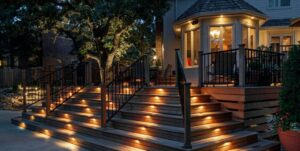 Beautiful outdoor deck and stair lighting installed by NCharge Electrical Services in Birmingham, AL.