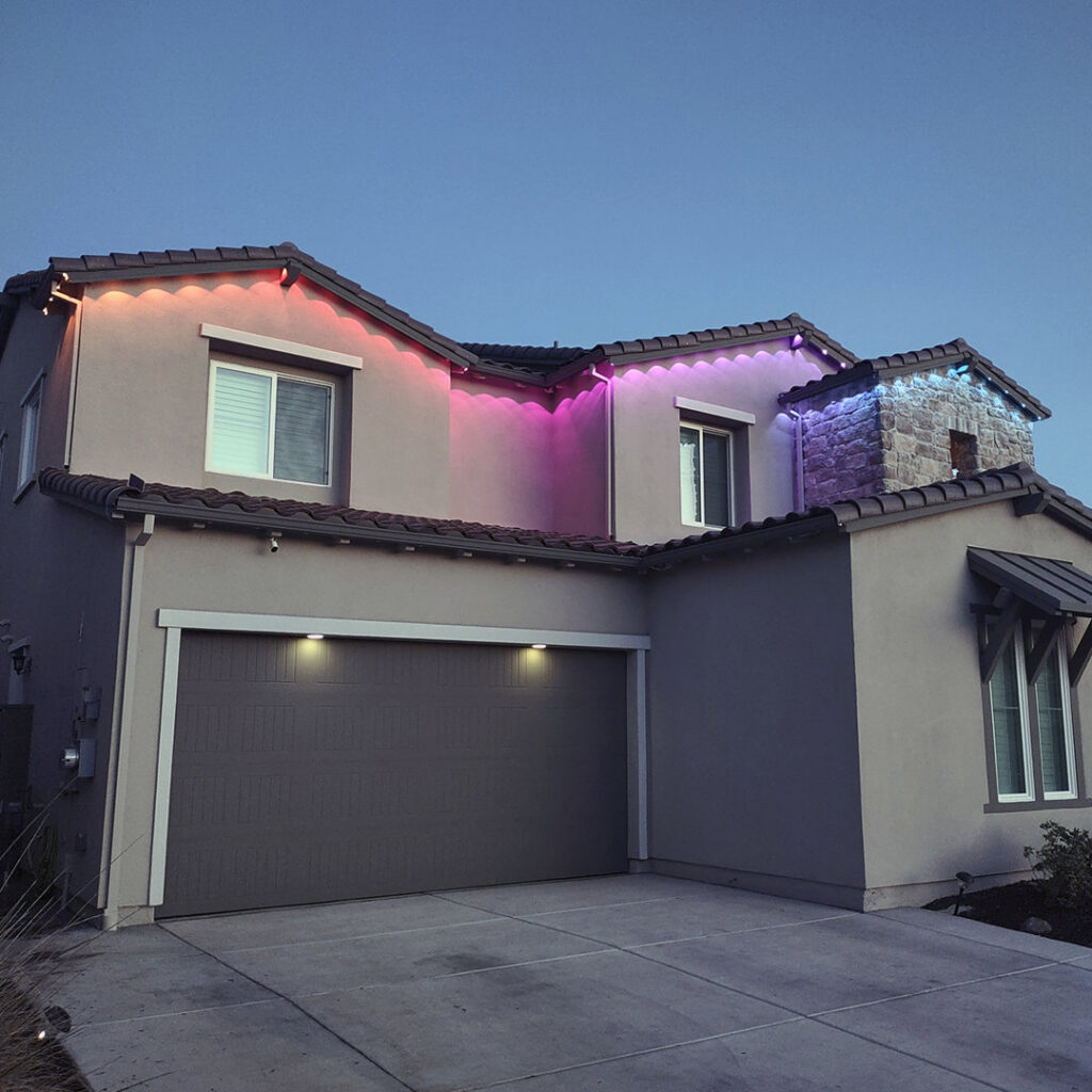A house showcasing newly installed outdoor decorative lighting by Fuse Service HVAC & Electrical Sacramento, CA