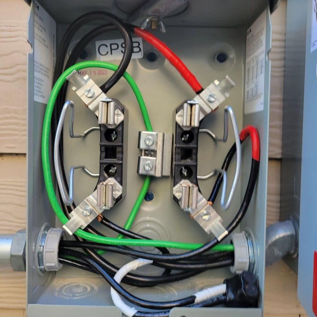 Outdoor electrical meter box with wiring, showcasing professional work by Omni Power Electrical Services LLC in San Antonio, TX