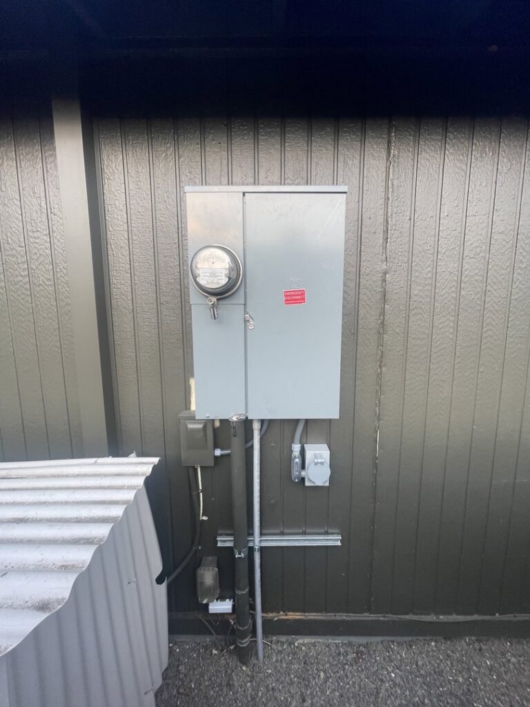 An outdoor electrical meter and service panel on a building, installed by Zoom Electric in Vancouver, WA.
