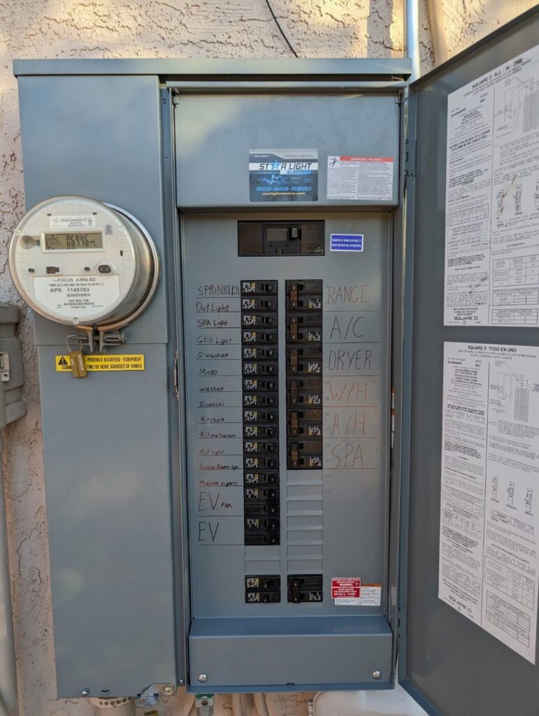 An outdoor electrical meter and main service panel installed by Star Light Electric LLC in Phoenix, AZ