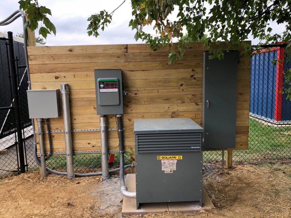 An outdoor electrical panel and transformer installation completed by D&T Electric LLC in Lancaster, PA.