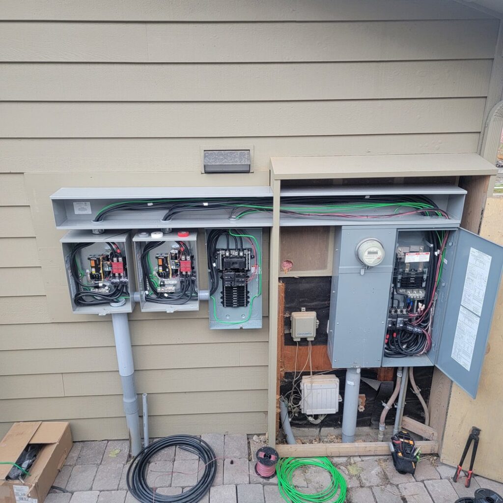 An outdoor electrical panel and wiring installation by Great Northern Power in Kalispell, MT.