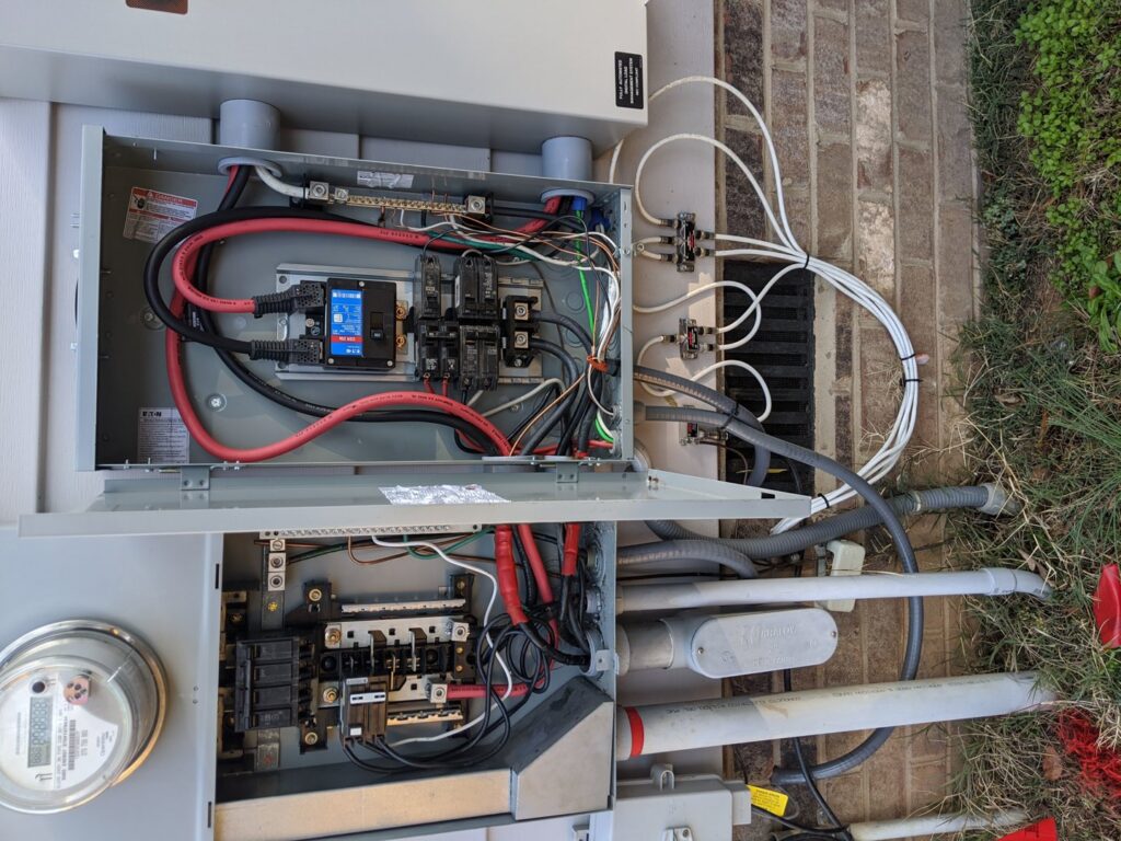 An outdoor electrical pedestal installation on a wooden post by Starnes Electric LLC in Rock Hill, SC.