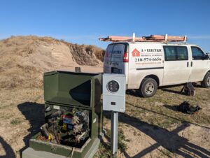 An outdoor electrical service installation with a meter box and enclosure, serviced by My A Plus Electric SA in San Antonio, TX