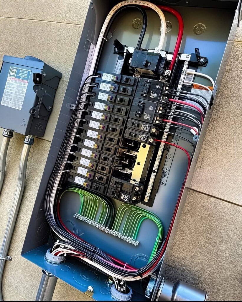 An outdoor electrical service panel and meter installation on a building exterior by Next Level Pros in Lakewood, CO.