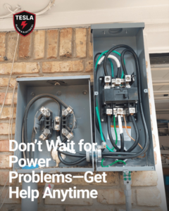 An outdoor electrical service panel and meter box with wiring, installed by Tesla Alarm and Electrical in Plano, TX